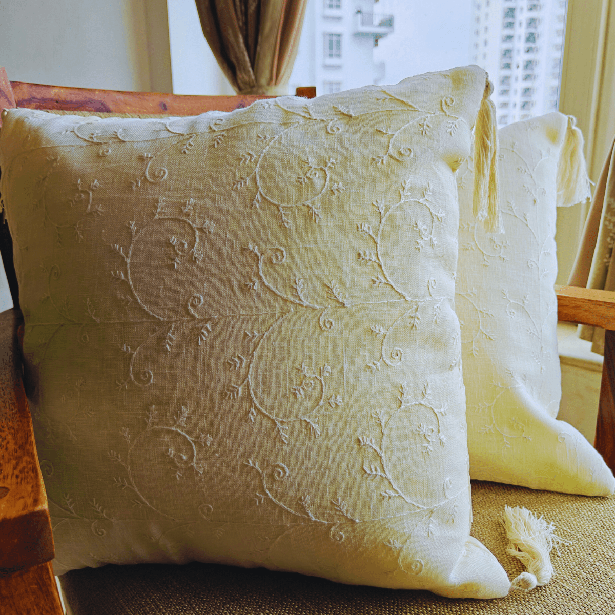 Ivy Emroidered Cushion Cover Set – 16" x 16" (Pack of 2) - Coral Slub -